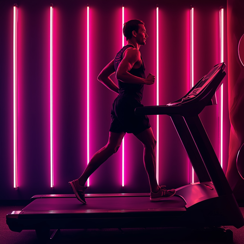 Athletic man running on a treadmill with neon lights background